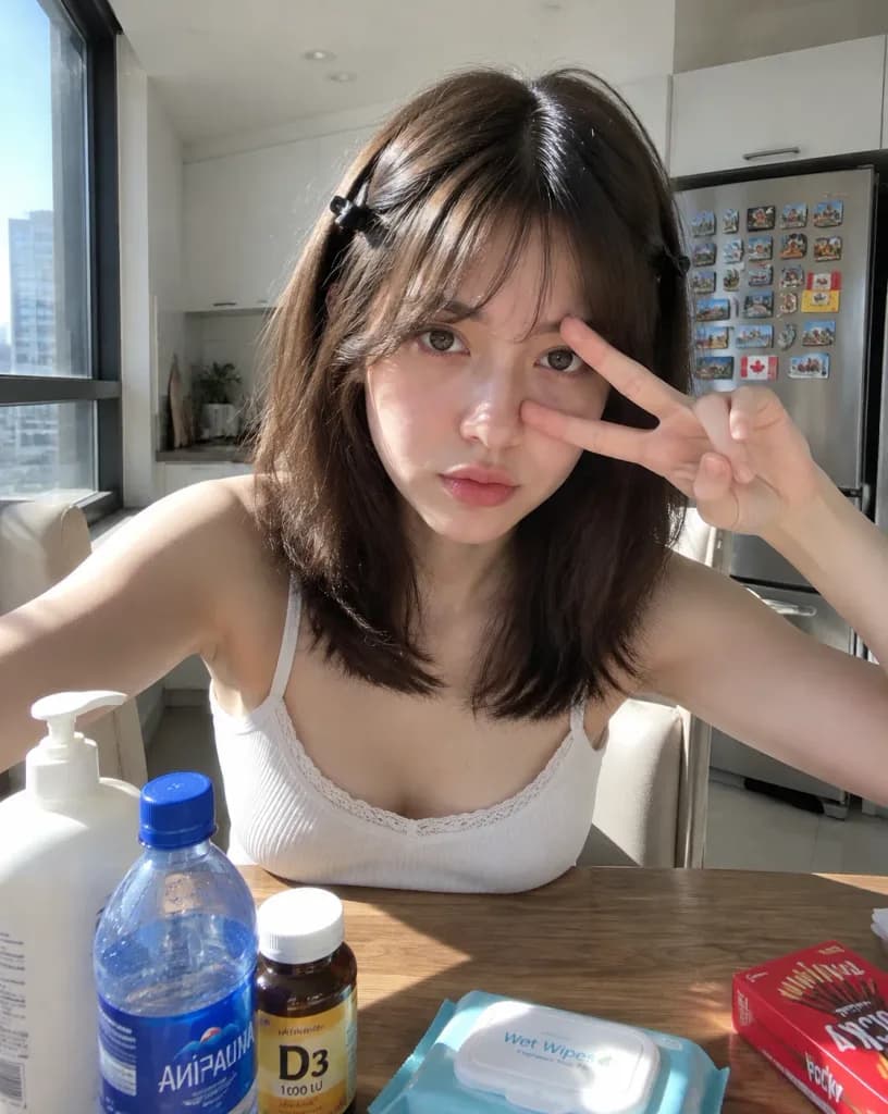 아침 주방의 자연스러운 셀카