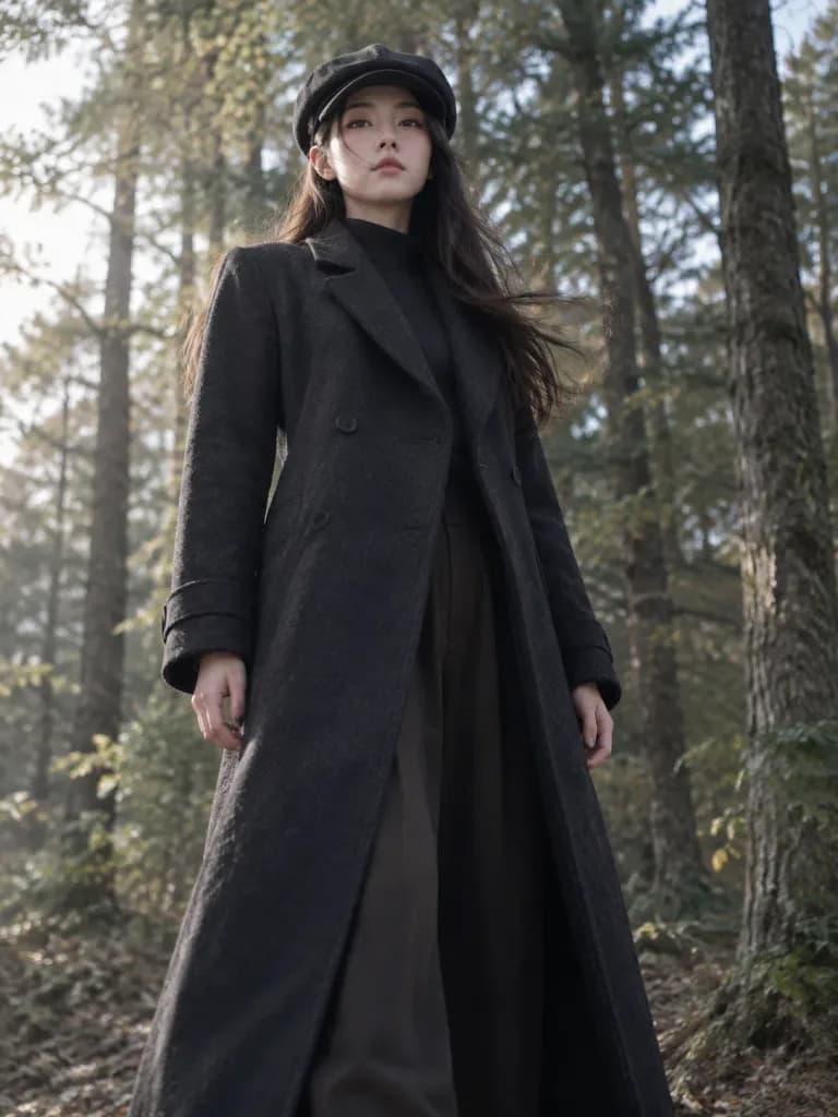 Confident Woman in Wool Coat Forest Portrait