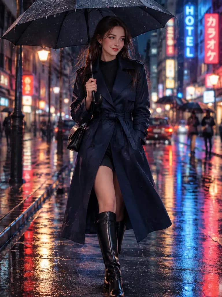 雨の夜のシネマティックファッションポートレート