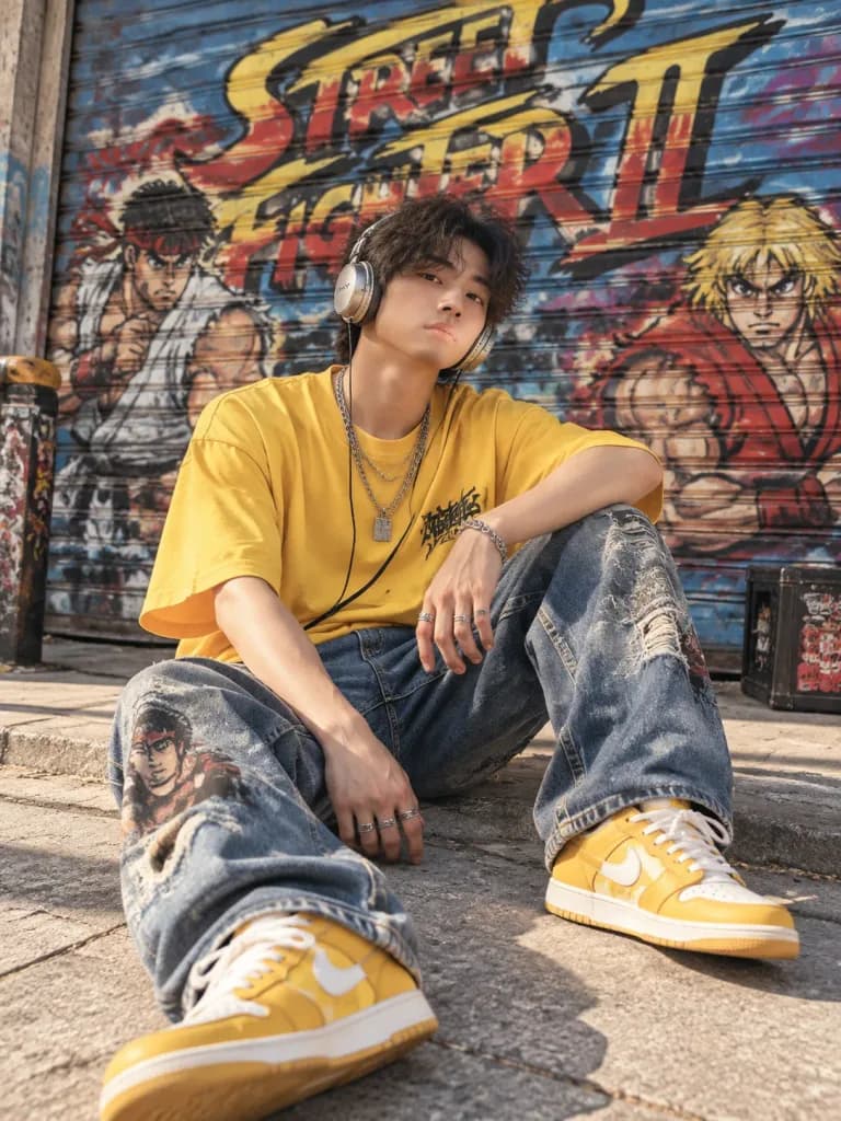 Sunlit Streetwear Portrait with Retro Graffiti