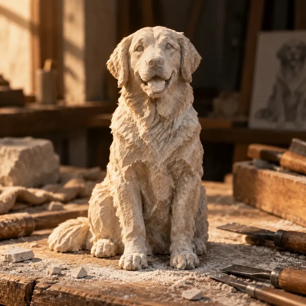 Stone-Carved Miniature Statue on Workbench