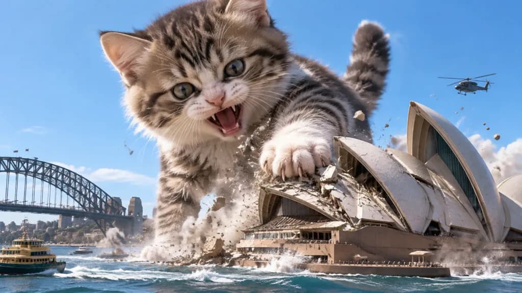 Giant Kaiju Kitten Rampaging City Waterfront