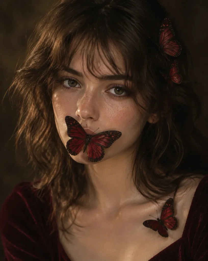 Low-Key Portrait with Red Butterflies