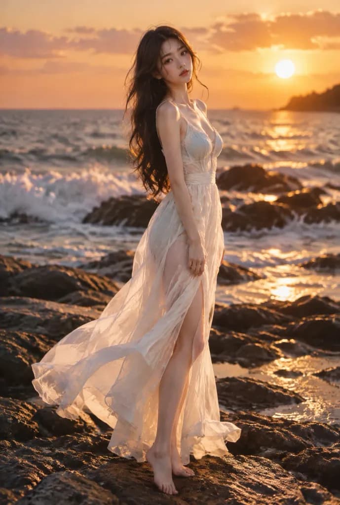 Sunset Rocky Beach Woman Portrait