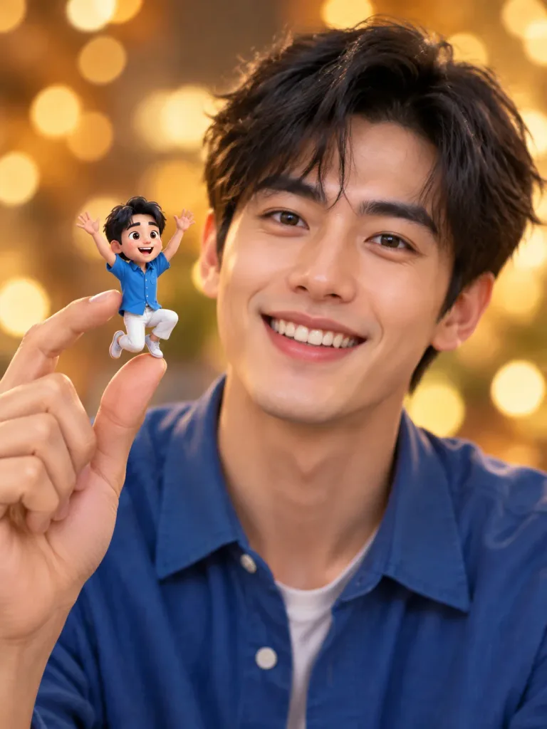 미니어처 만화 속 자신을 든 남성