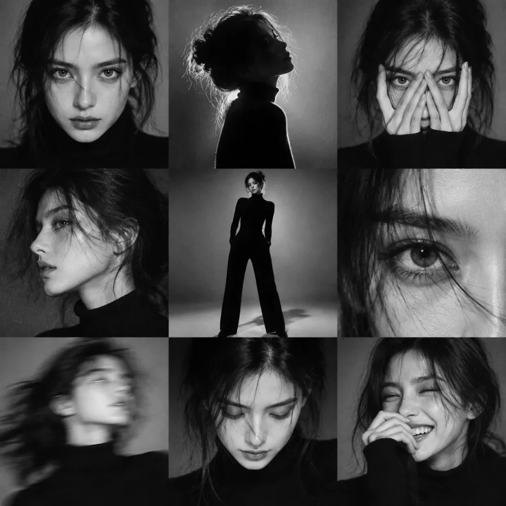 High-Contrast Monochrome 3x3 Portrait Grid