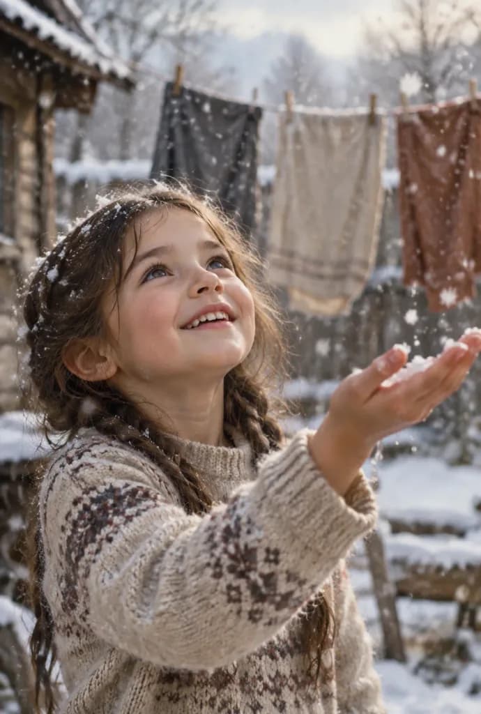 Winter Portrait of Child Catching Snowflakes