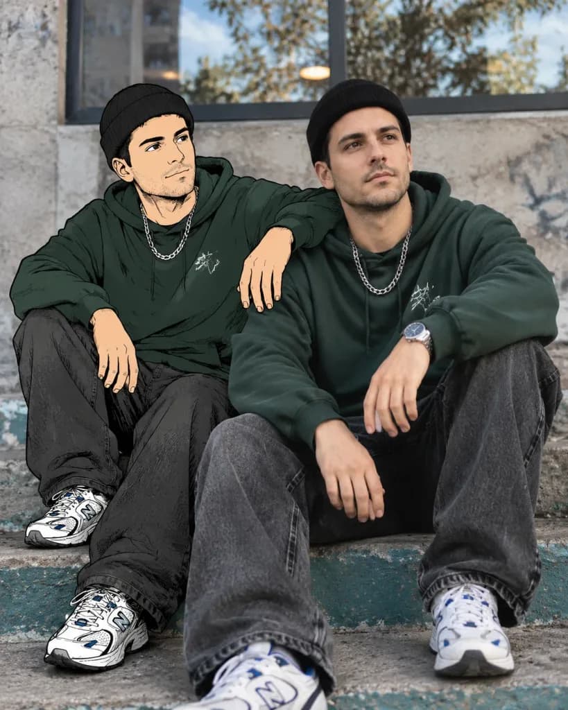 カートゥーンツインと並ぶストリートポートレート
