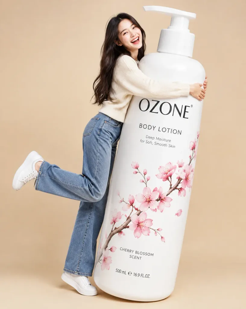 Woman Hugging Giant Lotion Bottle