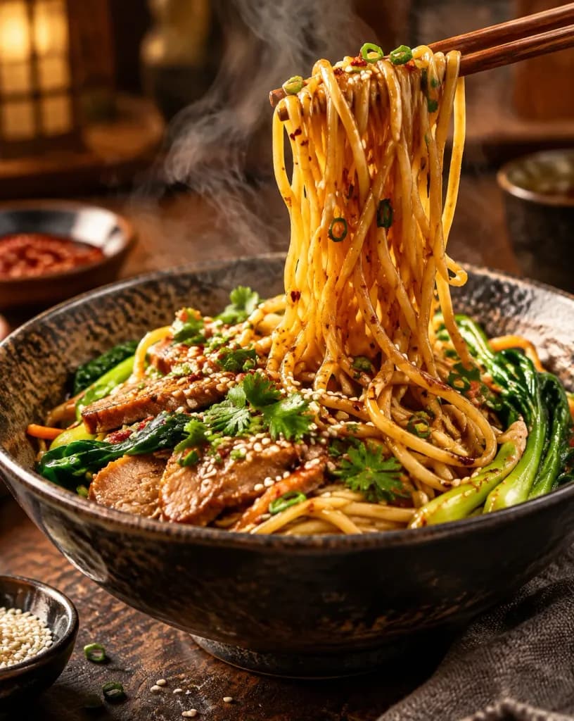 김이 피어오르는 면 리프팅 푸드 샷