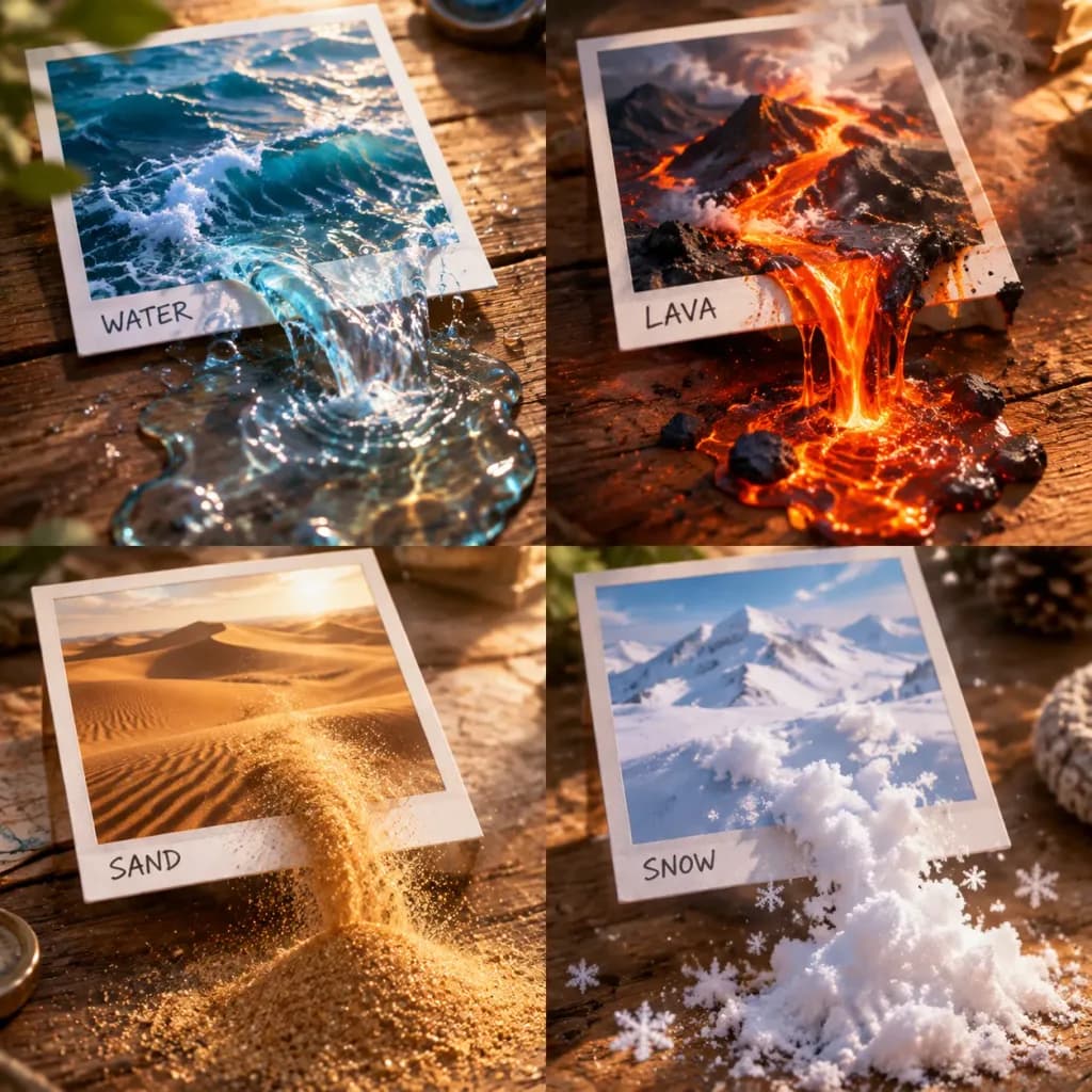 Four Elements Spilling from Polaroids