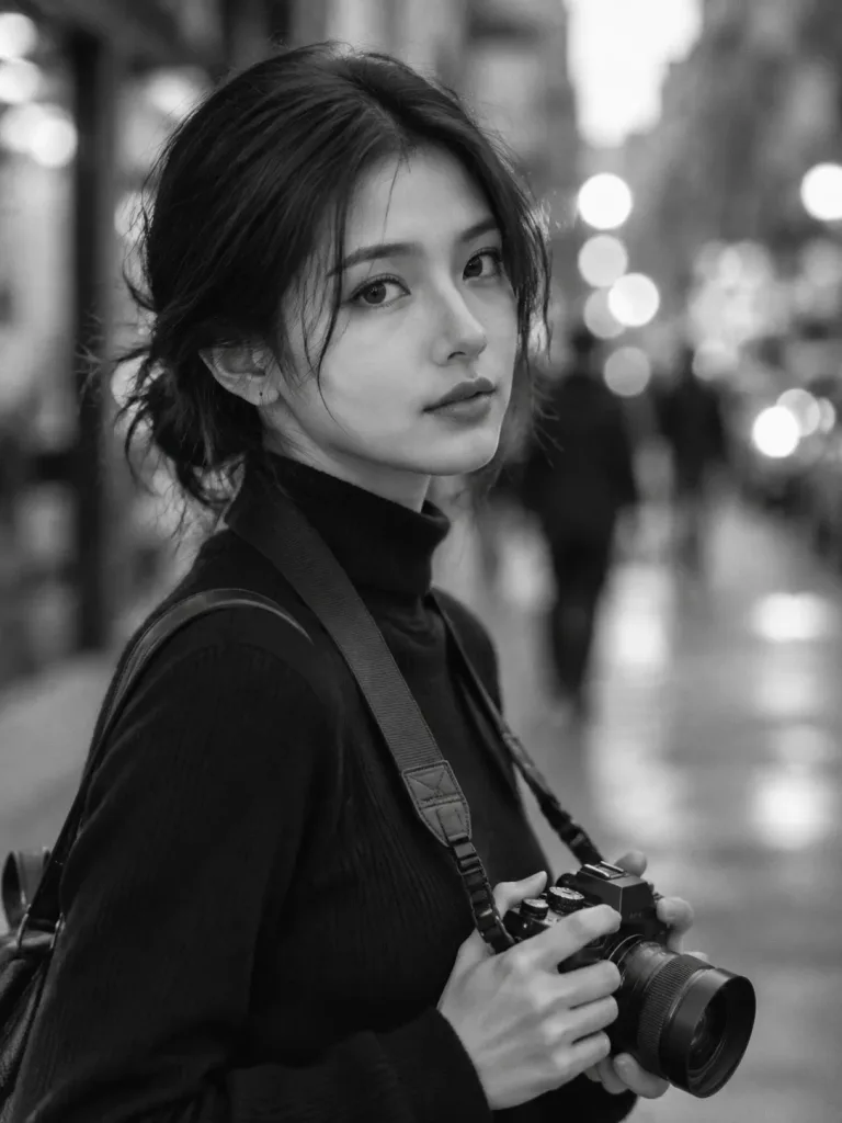 Monochrome Street Portrait of Woman Photographer