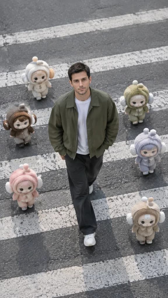 デザイナーズトイと歩く横断歩道のスナップ写真
