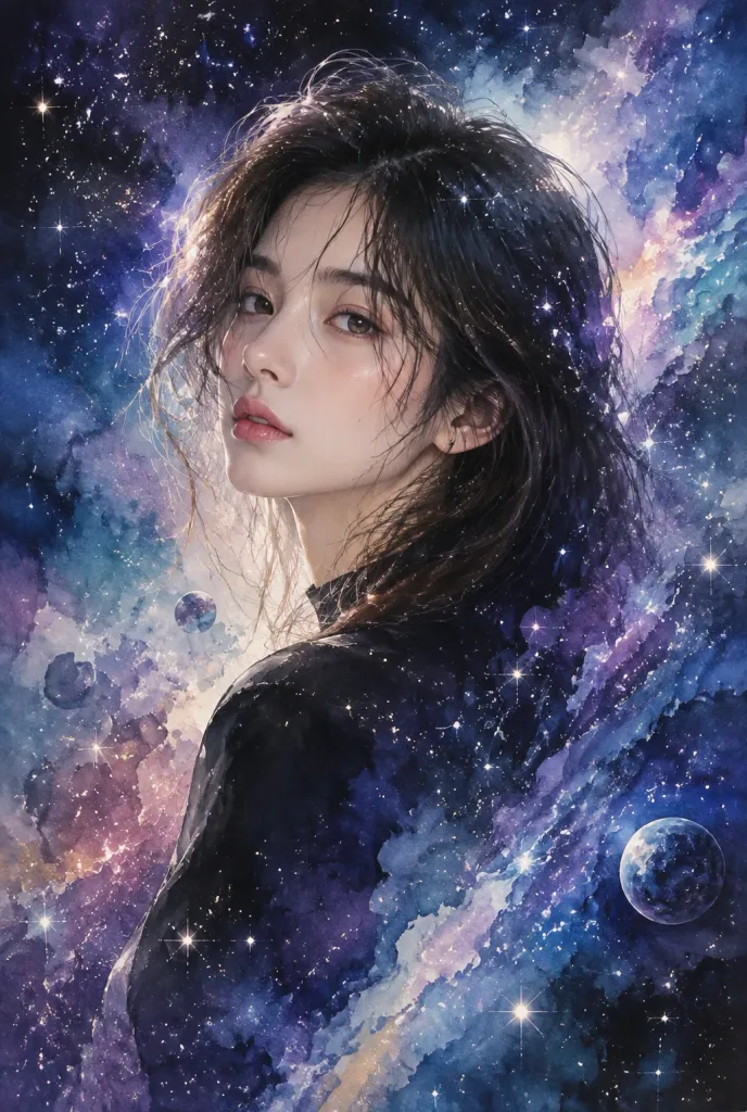 코스믹 은하 수채화 초상화