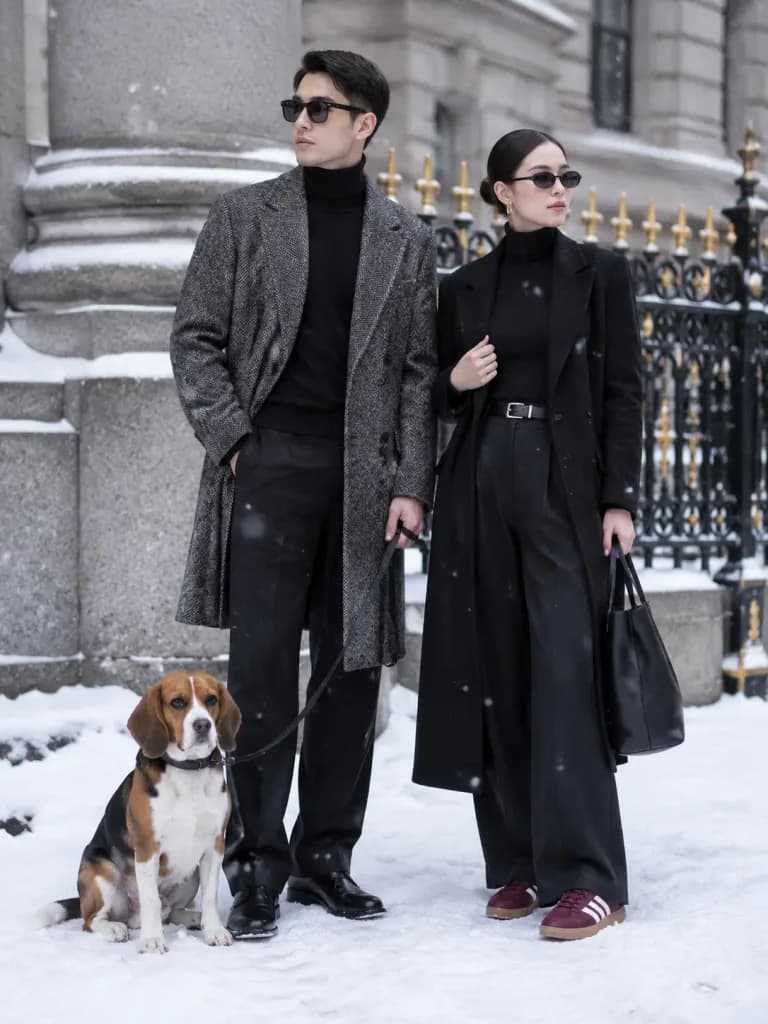 Winter Street Style Couple with Beagle