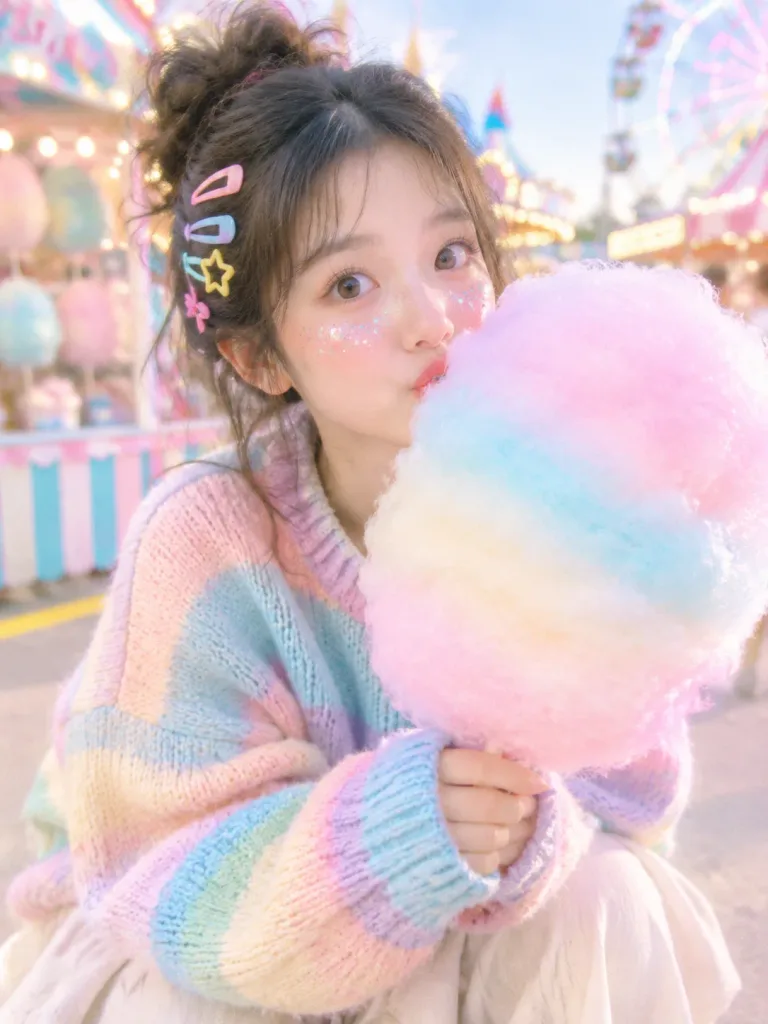 遊園地のパステル綿菓子ポートレート