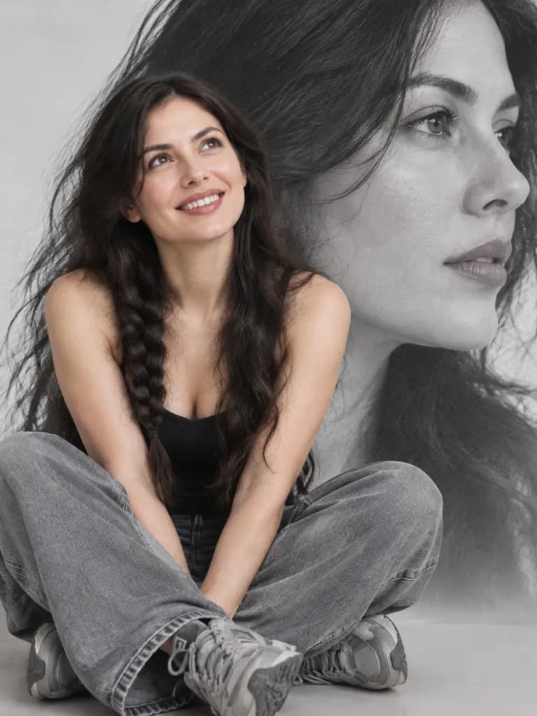 Laughing Woman Portrait with Monochrome Profile