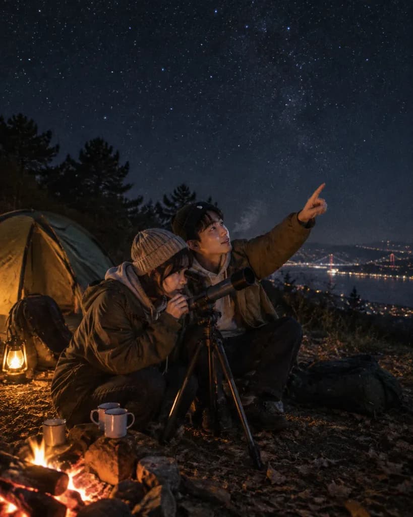 ภาพนิ่งสไตล์ภาพยนตร์แคมปิ้งกลางคืนและดูดาว