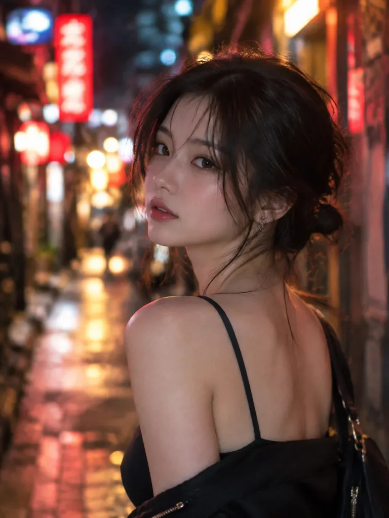 夜の路地裏の映画風ストリートポートレート