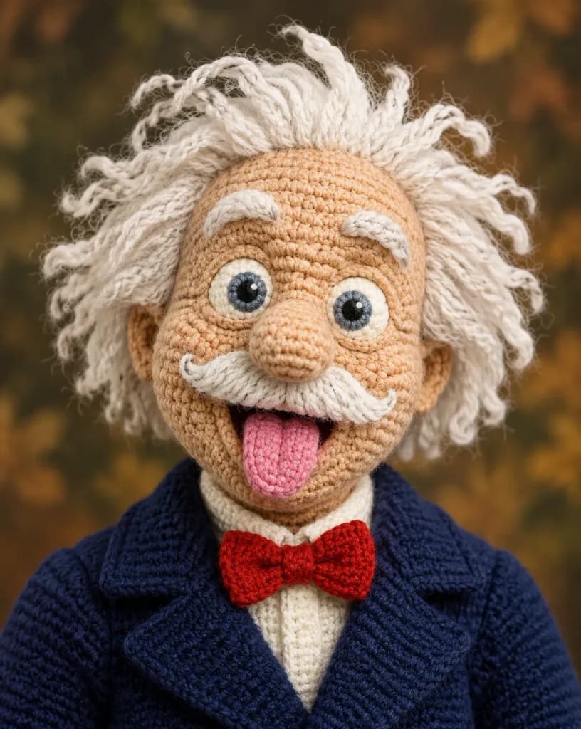 Crocheted Scientist Portrait Sticking Out Tongue