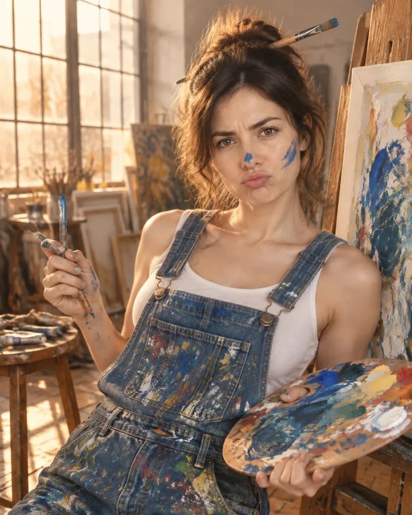 Young Painter Pouting in Sunlit Studio