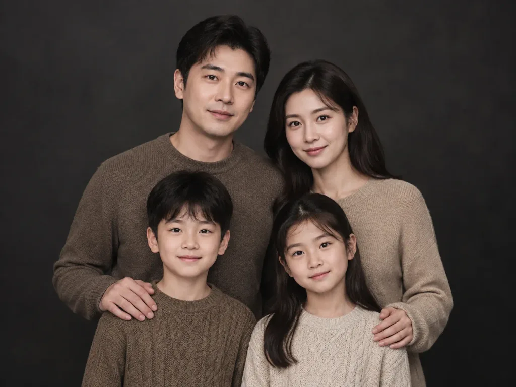 동일 인물 얼굴의 스튜디오 가족사진