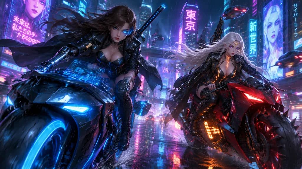 Cyberpunk Mercenary Riders in Neon Megacity