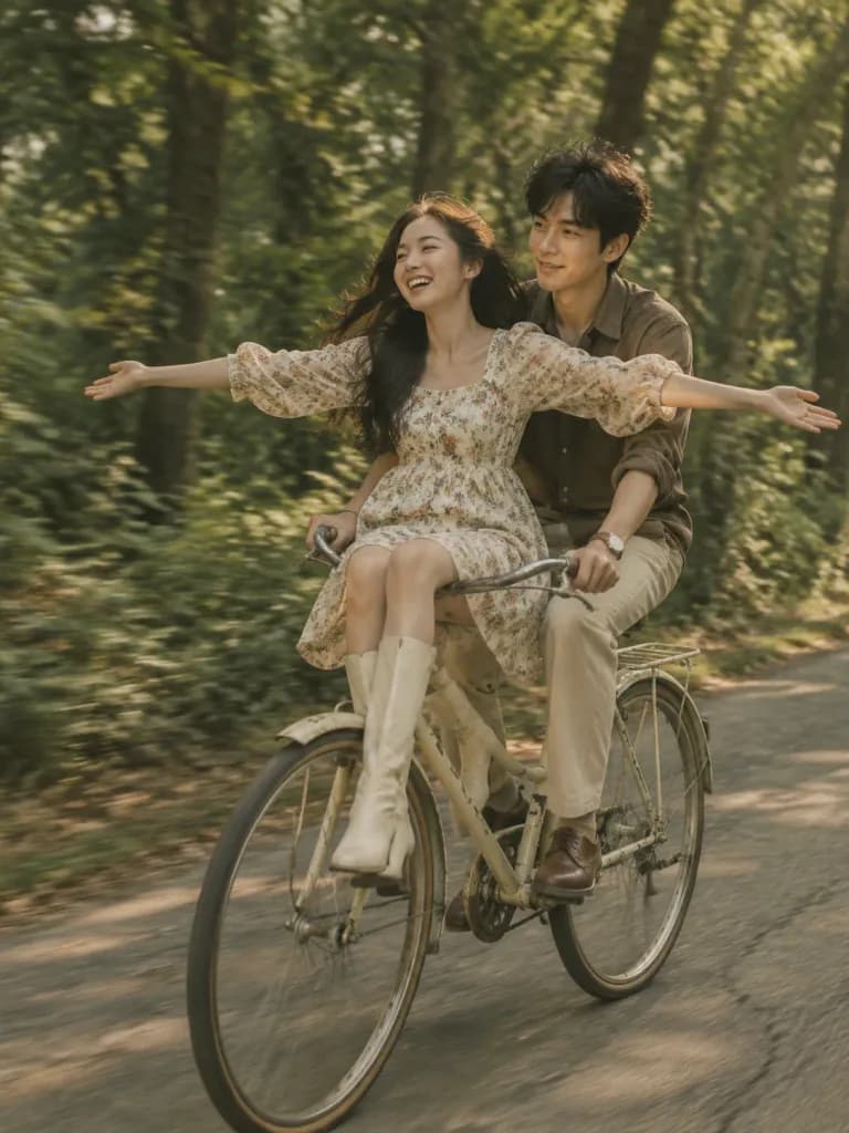 Vintage Couple Bicycle Ride in Forest
