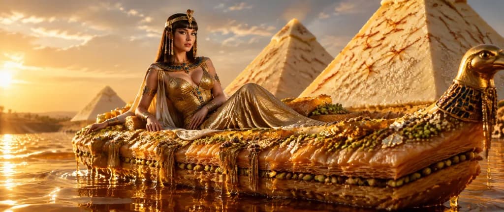 Cleopatra on a Giant Baklava Barge