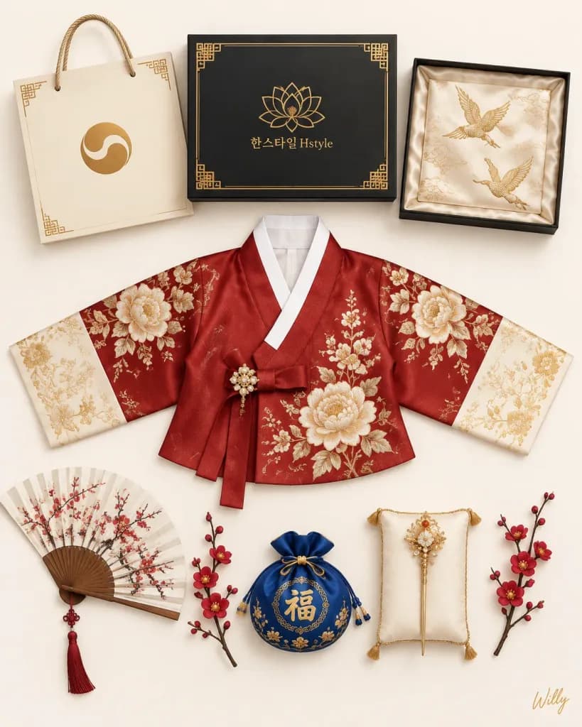 高級韓国伝統韓服のフラットレイ商品写真