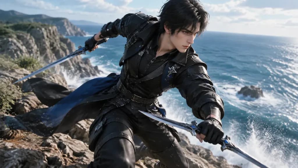 Pose de combate do personagem no penhasco