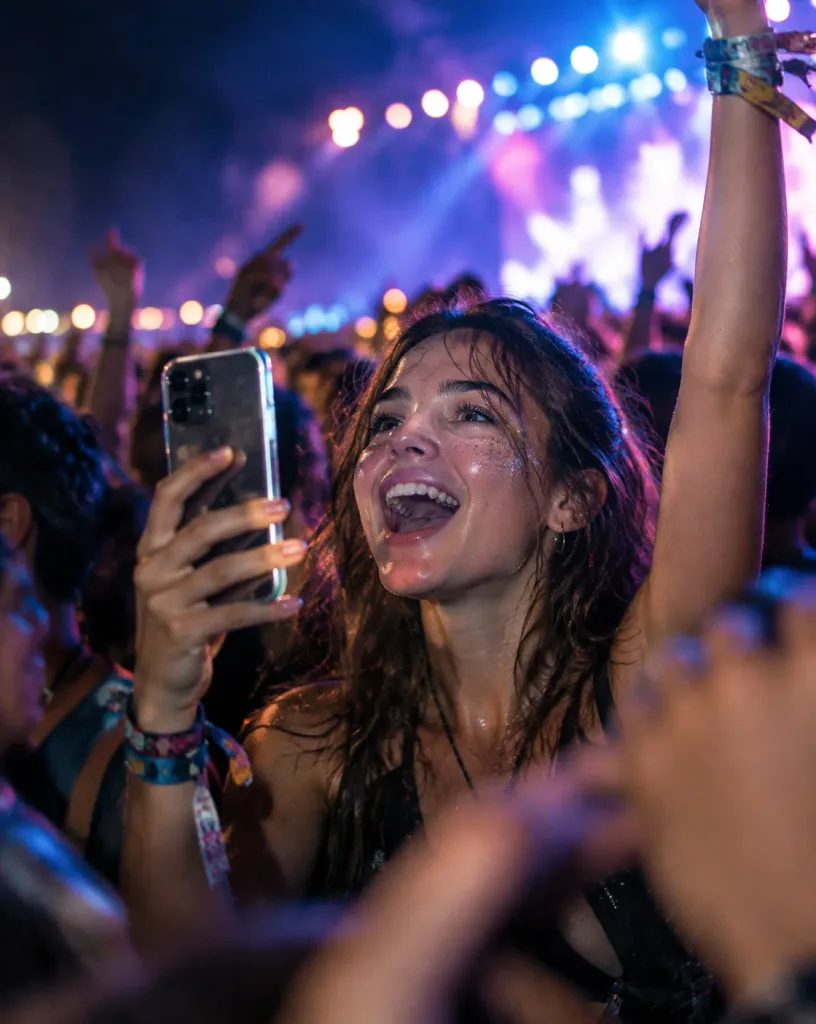 Euphorische Frau in nächtlicher Festivalmenge