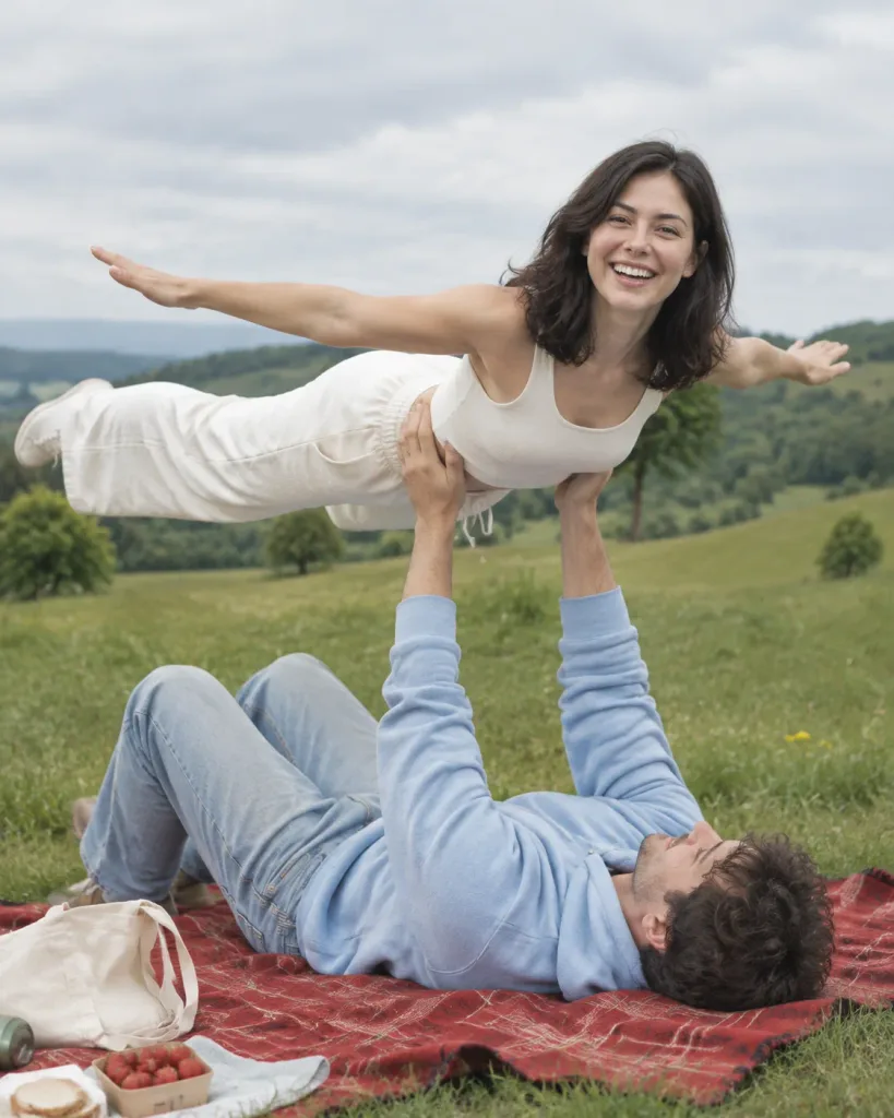 Acro-Yoga Airplane Pose Meadow Picnic