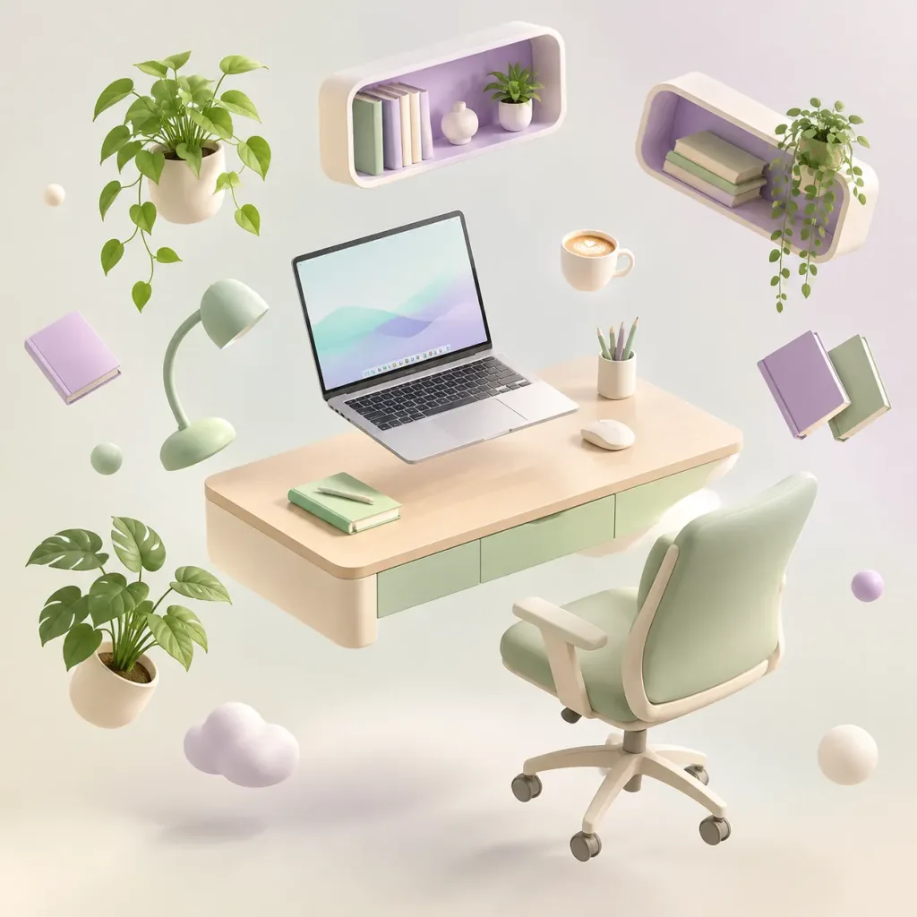 Floating Isometric Pastel Home Office