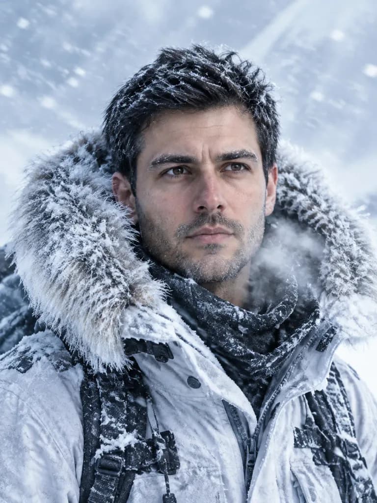 吹雪の中の北極探検家ポートレート