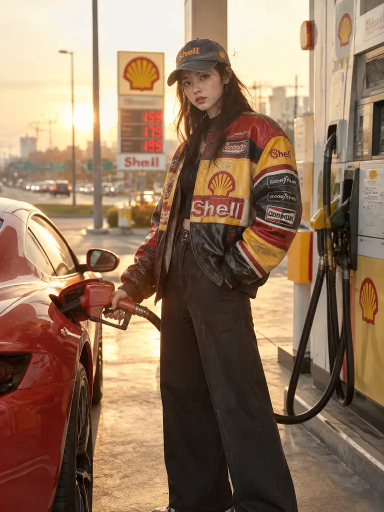 ガソリンスタンドでのストリートウェア撮影