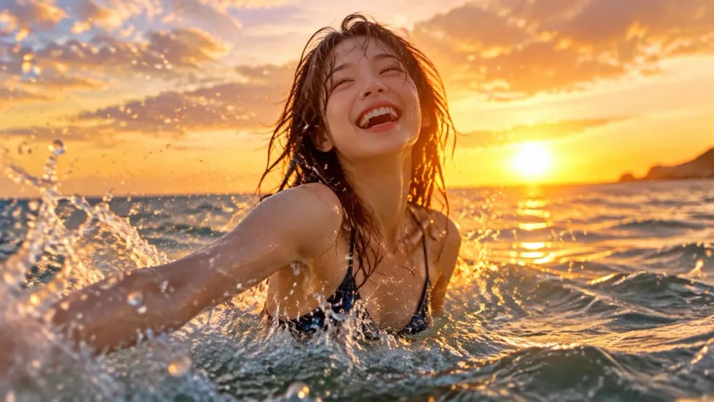 Joyful Water Splash at Sunset