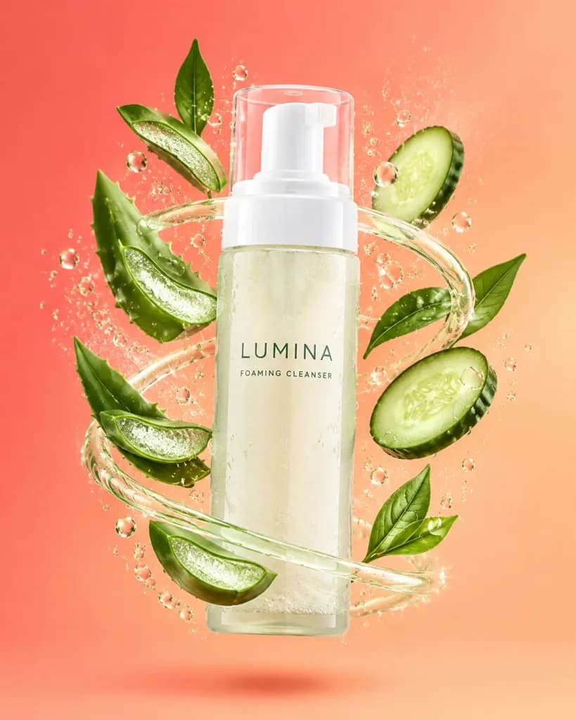 Skincare Bottle Floating Ingredients Key Visual