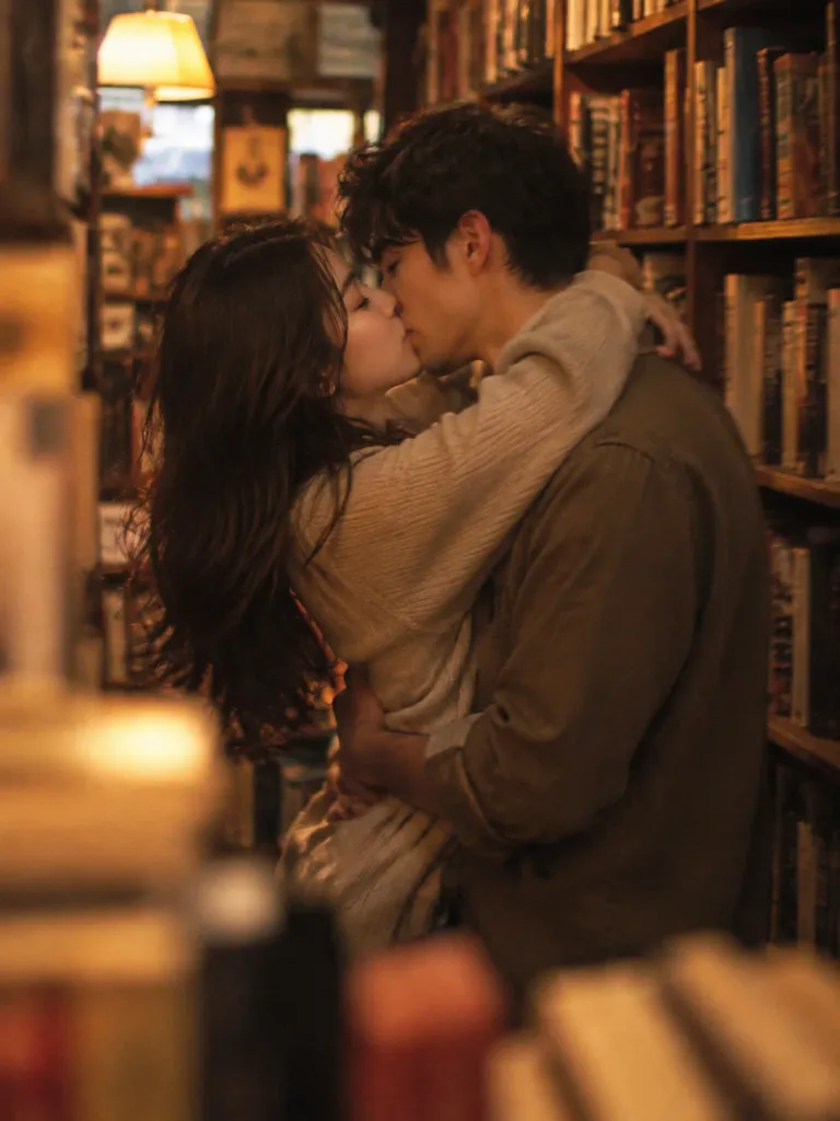 Candid Bookstore Aisle Romantic Kiss