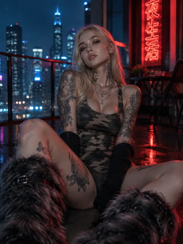 Tattooed Woman on Rainy City Balcony