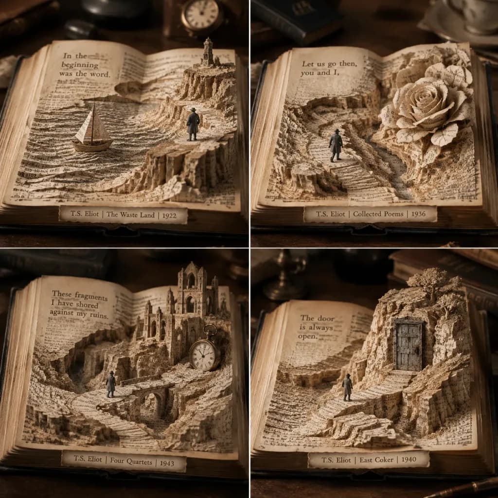 Carved Book Poetry Sculptures 2x2 Grid
