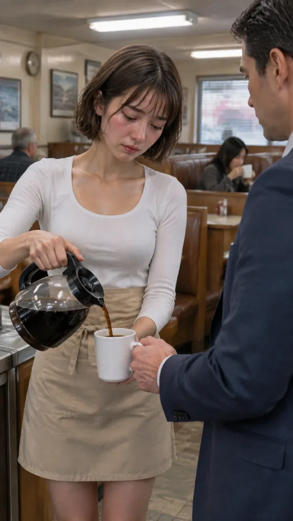 Emotional Waitress Pouring Coffee in Diner