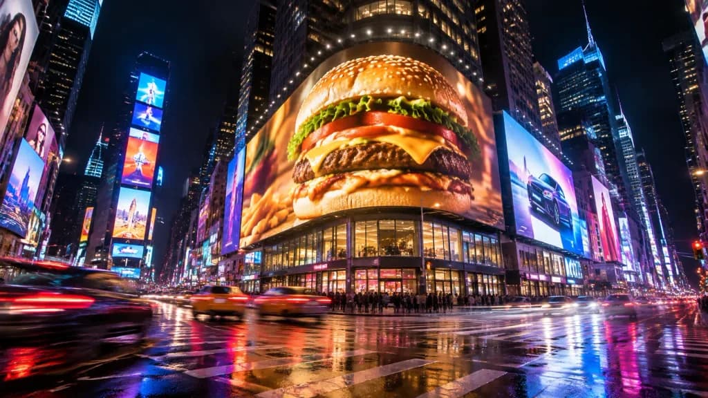 Night Cityscape with Curved LED Billboard