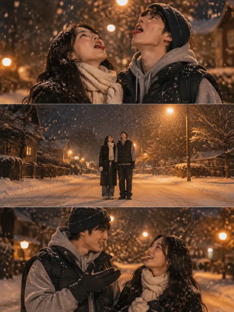 冬の夜のカップル映画風3連フォトストリップ