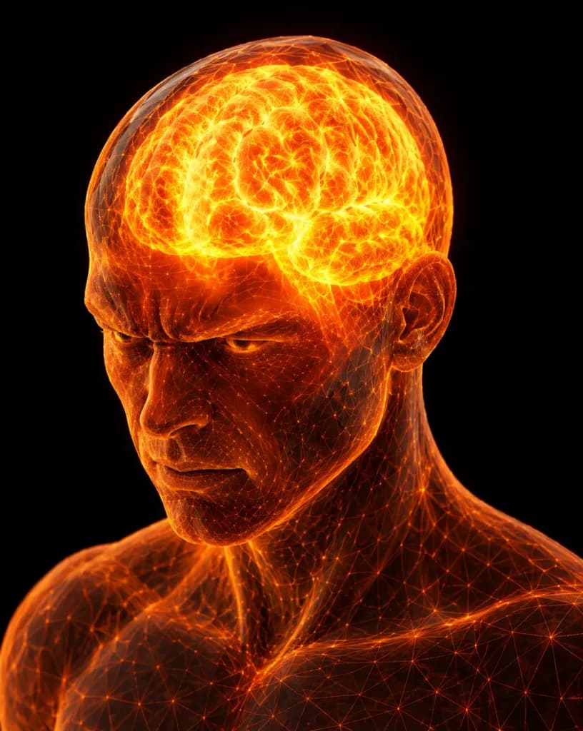 Glowing Wireframe Bust with Fiery Brain