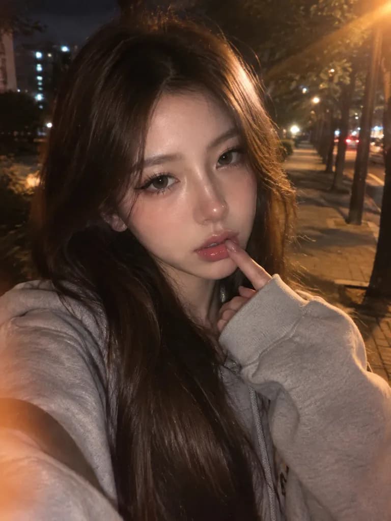 무드 있는 야간 스트리트 플래시 셀카