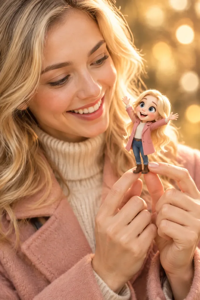 Frau mit winziger 3D-Cartoonfigur
