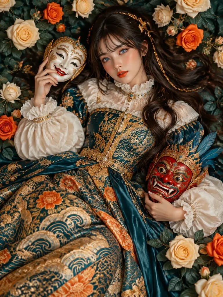 Opulent Historical Portrait with Wayang Masks