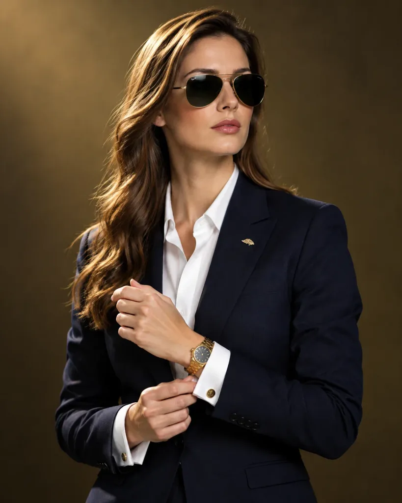 カフスボタンを直すスーツ姿の女性ポートレート