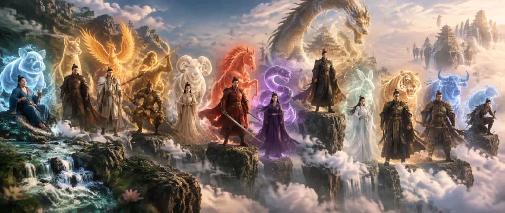 Twelve Chinese Zodiac Deities in Celestial Realm